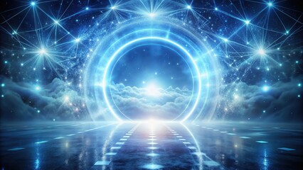 Obraz premium A Futuristic Highway Leads to a Celestial Portal Glowing with Bright Stars and Cosmic Energy, a Path into the Unknown