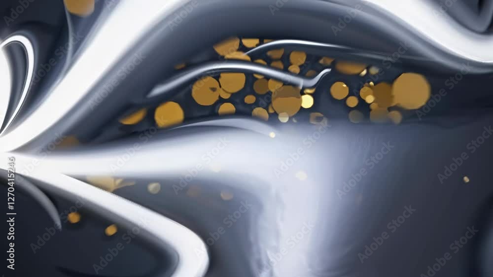 Poster abstract video with flowing silver waves and golden bokeh lights. shot from a dynamic angle, creatin