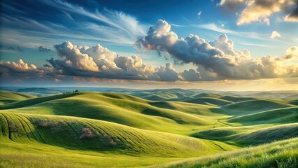 Obraz premium Serene Rolling Hills Under a Dramatic Sunset Sky, a Pastoral Landscape of Verdant Meadows and Fluffy Clouds