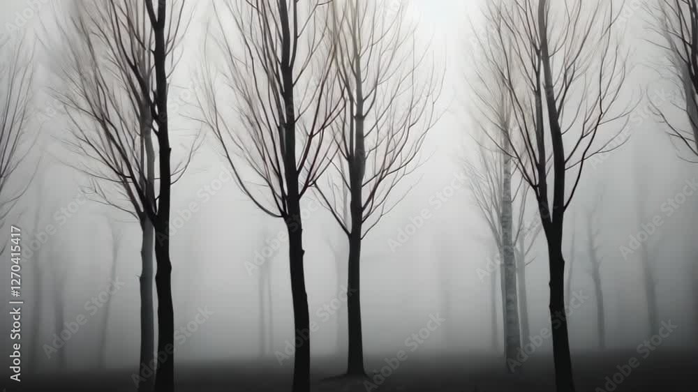 Poster enigmatic leafless trees in misty forest landscape creating an eerie and mysterious atmosphere perfe