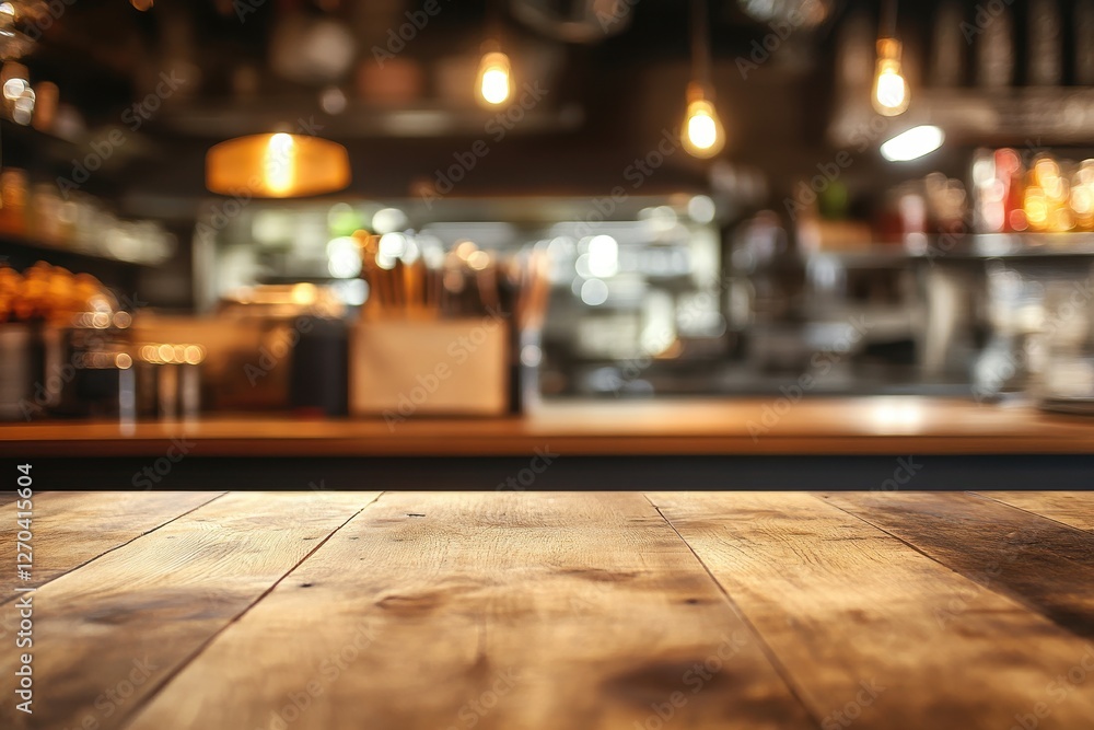 Poster rustic wooden table in blurred bar setting. perfect for showcasing products or displaying food and d