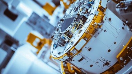 Satellite assembly in a high-security facility. Featuring specialists ensuring structural integrity