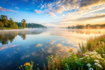 Fototapeta premium Serene Sunrise over a Misty Lake with Vibrant Wildflowers at the Water's Edge