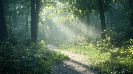 Obraz premium A serene hiking trail through a dense forest with sunlight filtering through the trees