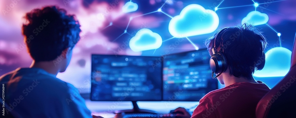 Poster two individuals engaged in gaming or coding, illuminated by vibrant screens displaying cloud designs