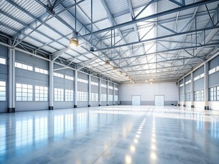Obraz premium Empty White Warehouse Interior: Spacious Industrial Space for Rent or Sale