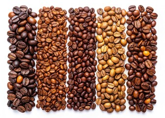 Fototapeta premium Five Varieties of Roasted Coffee Beans, Overhead View, Isolated on White
