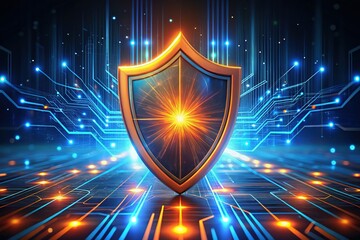Futuristic Cyber Security Shield: Glowing High-Tech Protection, Digital Defense