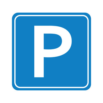 Road sign parking area vector, street signage parking sign, blue parking sign in trendy flat style illustration isolated on white background.