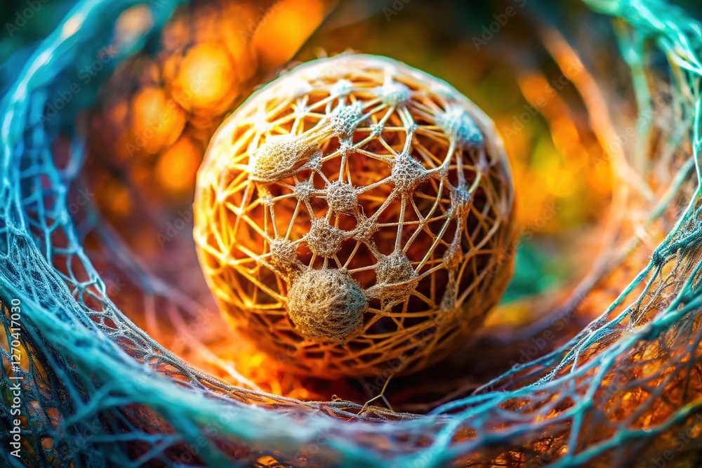 Poster intricate lace web enveloping textured orb - abstract macro photography