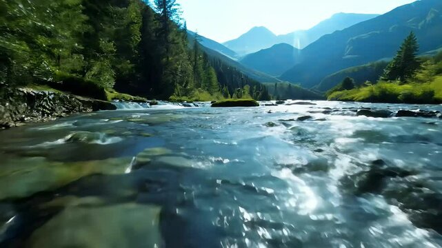 Nature footage mountain river flowing beautifully recorded slow motion 24fps emphasizing dynamic movement water non static camera
