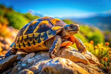 Obraz premium Crisp close-up: Sardinian land turtle, its shell detailed, basks in Northern Sardinia's sun.
