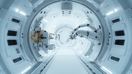 Satellite assembly in a high-tech aerospace cleanroom. Featuring robotic arms and complex space components