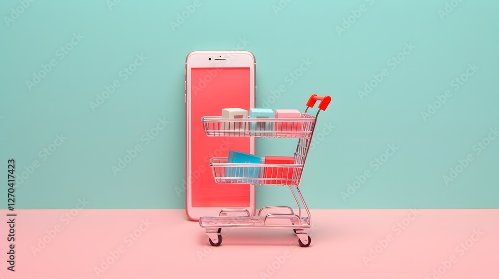 Poster sleek and organized modern minimalist workspace with a smartphone device displaying an e commerce sh