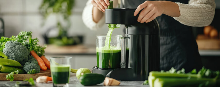 Fresh green juice being extracted from vegetables using juicer, showcasing healthy living and vibrant ingredients. scene includes various fresh vegetables like celery, cucumber, and broccoli - Powered by Adobe