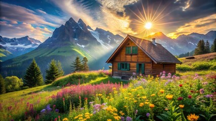 Fototapeta premium Serene mountain cabin nestled amidst vibrant wildflowers bathed in the golden light of a breathtaking sunset
