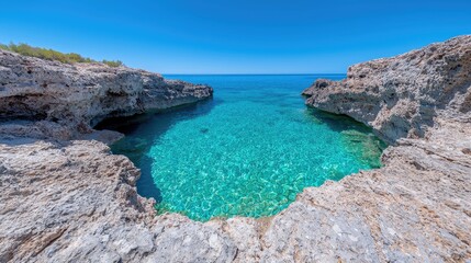 Fototapeta premium Crystal-clear turquoise cove between rocks, sunny day. Perfect for travel postcards