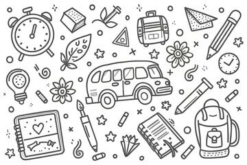 Doodle school bus illustration with various stationery
