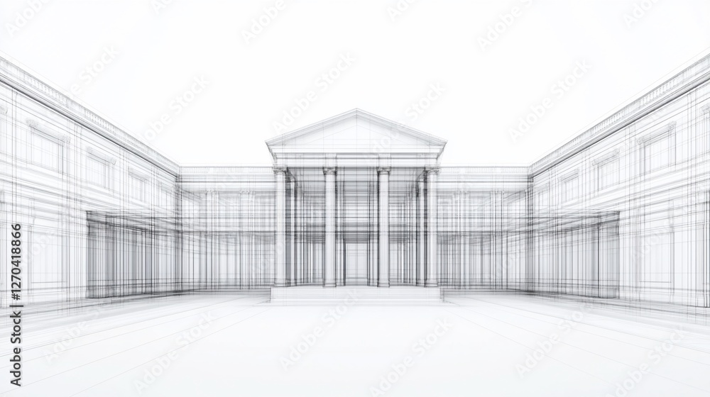 Poster architectural drawing of a classical building with columns and symmetrical design