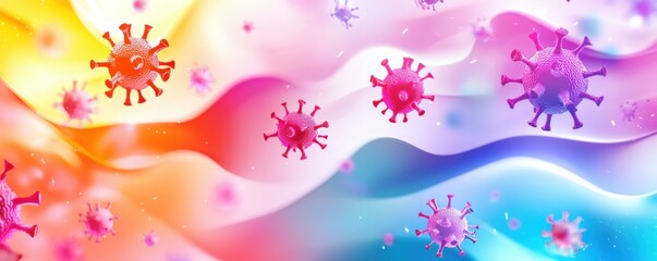 A vibrant abstract background featuring colorful waves and virus illustrations, symbolizing health and safety themes.