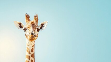 Fototapeta premium Close-up portrait of a giraffe against a solid light blue background perfect for minimal design