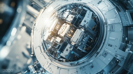 Satellite assembly in a high-tech aerospace facility. Featuring engineers assembling components for a space mission