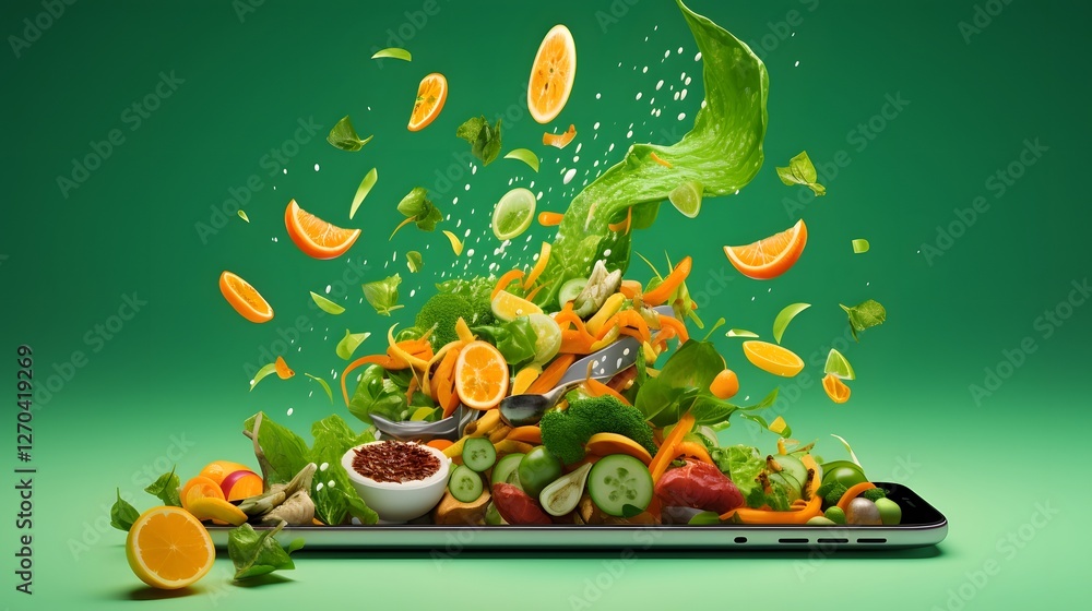 Poster close up view of a person s hand scrolling through a colorful and visually appealing food delivery m