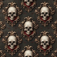 A richly ornate and intricate Baroque-inspired pattern featuring a repeating motif of ornamental skulls, adorned with swirling acanthus leaves, curved lines,