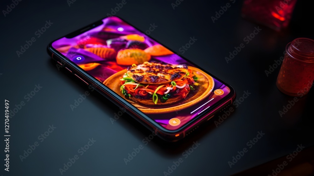 Poster smartphone displaying a colorful and visually appealing food delivery app interface showcasing vario