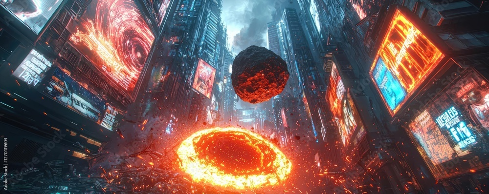 Poster asteroid impact idea. futuristic cityscape with neon lights and hovering objects creating a vibrant 