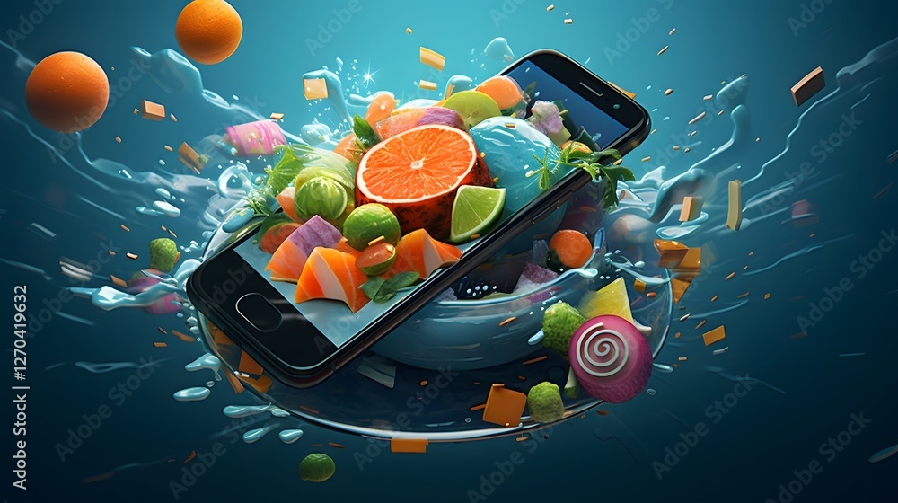 Poster overhead shot of a mobile phone displaying a food ordering app surrounded by various fresh ingredien