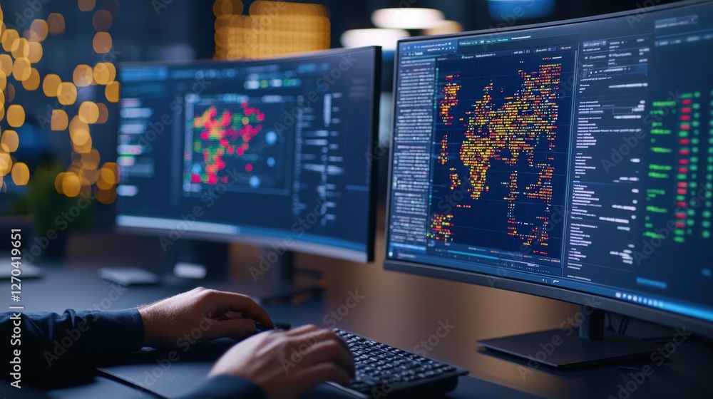 Poster a person interacts with dual monitors displaying colorful data visualizations, including a world map