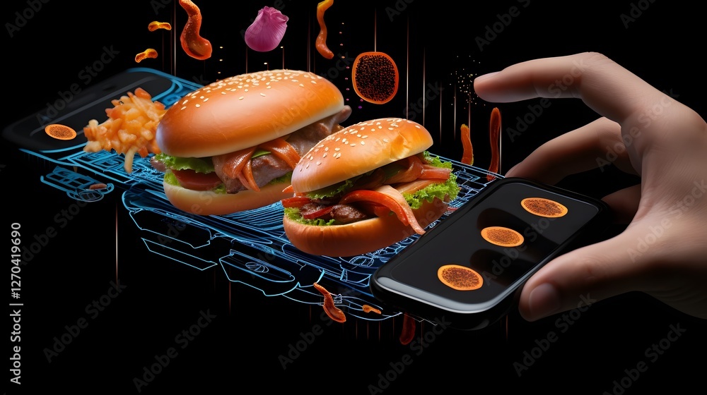 Poster innovative holographic food ordering app projected from smartphone with sleek digital interface and 