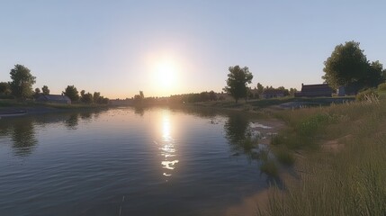 Naklejka premium Serene Sunset Over Rural Lakeside Village Scene