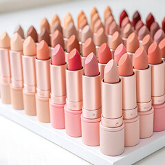  A variety of matte and glossy lipsticks arranged in neat rows with a backdrop of pastel shades