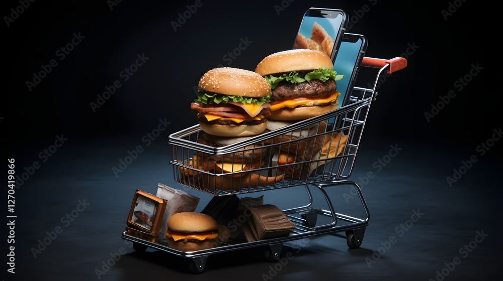 Poster digital shopping cart filled with various fast food items displayed on a smartphone screen represent