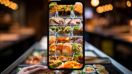 A food delivery app interface displayed on a smartphone screen showcasing a variety of cuisine options for users to order meals from local restaurants and eateries