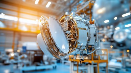 Satellite assembly in a high-tech aerospace facility. Featuring robotic arms and aerospace engineers