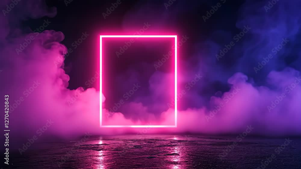 Poster neon rectangle frame with shining effect on dark background surrounded by mystical pink smoke in a f