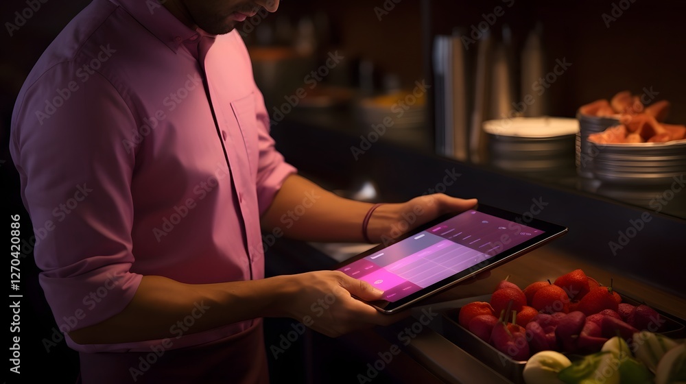 Poster restaurant employee updating digital menu on tablet device for food delivery app platform to provide