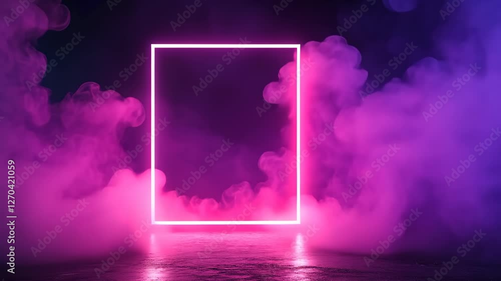 Aufkleber neon rectangle frame with shining effect on dark background surrounded by mystical pink smoke in a f
