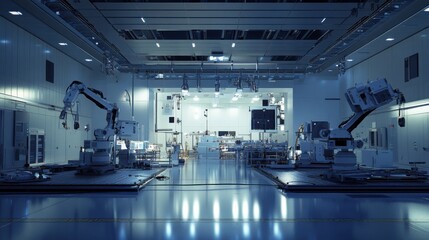 Satellite assembly in a high-tech aerospace facility. Featuring robotic arms and space components