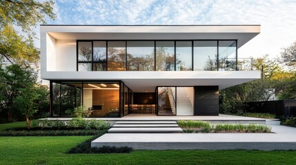 Sustainability at Home A sleek, modern home, its windows a gateway to a vibrant world beyond, stands majestically against a stark white transparent backdrop, its minimalist design emphasizing the