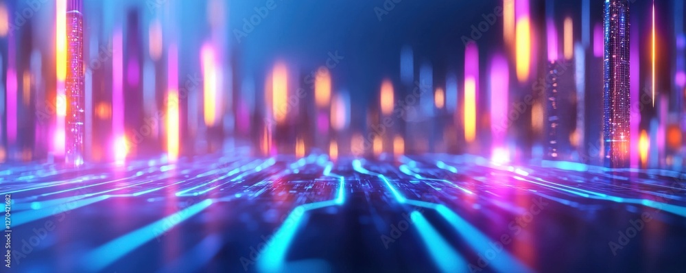 Poster a vibrant digital landscape featuring glowing neon lines and colorful data structures, evoking a sen