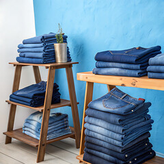  A vibrant display of stacked denim jeans in various shades of blue on wooden shelves 