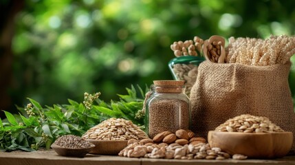 Sustainability at Home A rustic display of grains, seeds, and nuts, nestled in eco-friendly packaging, stands proudly against a backdrop of lush green foliage, symbolizing sustainability at home and