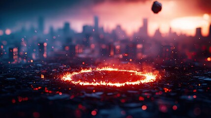 Fototapeta premium Asteroid impact concept. A glowing circular formation amidst a futuristic cityscape at dusk.