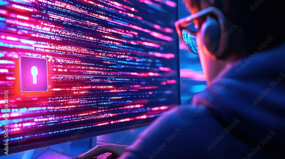 Poster a person engaged in cyber activity, focused on a screen displaying colorful data streams and a padlo