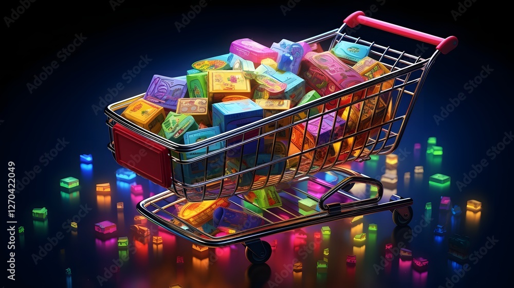 Poster digital animation of a virtual shopping cart filling up on a smartphone screen showcasing the online