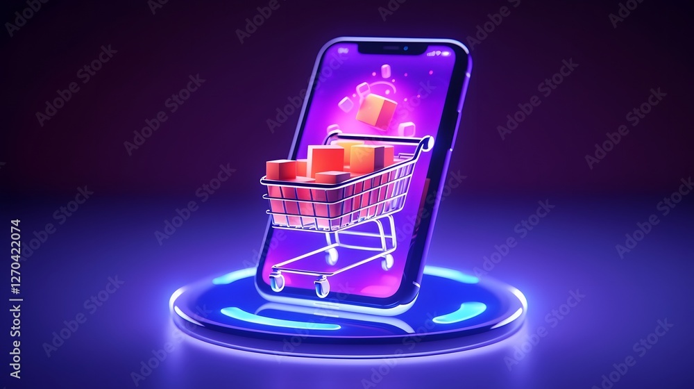 Poster digital animation of a virtual shopping cart filling up on a smartphone screen